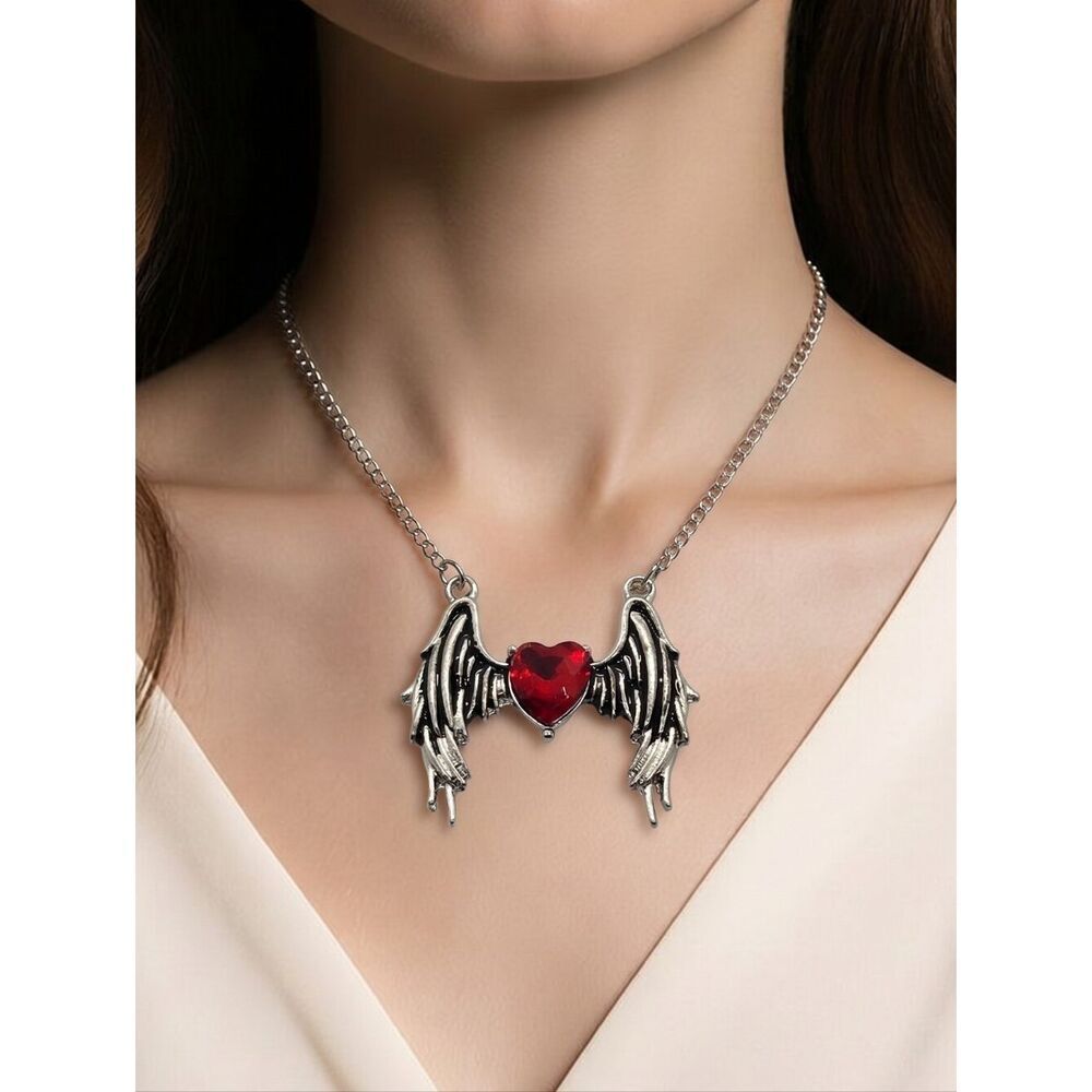 Winged Heart Necklace Gothic Red Crystal Angel Wing Pendant Dark Romance Jewelry